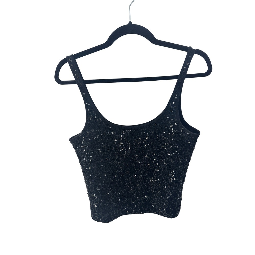 Linda Allard Ellen Tracy Black Sequin Merino Wool Tank Top Size M Cami Knit
